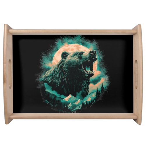 Roaring bear in mountains design serving tray