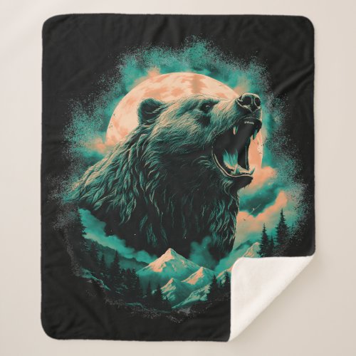 Roaring bear in mountains design sherpa blanket