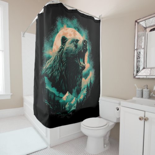 Roaring bear in mountains design shower curtain