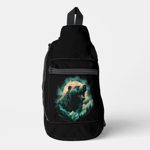 Roaring bear in mountains design sling bag