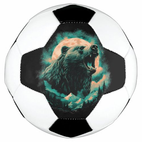 Roaring bear in mountains design soccer ball