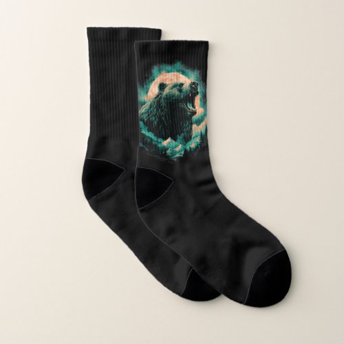 Roaring bear in mountains design socks