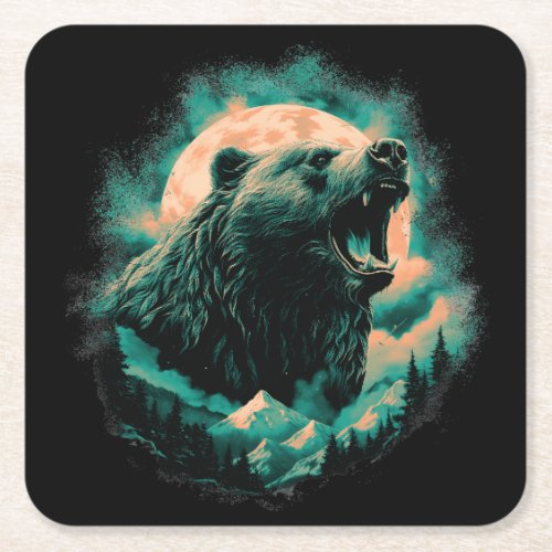Roaring bear in mountains design square paper coaster