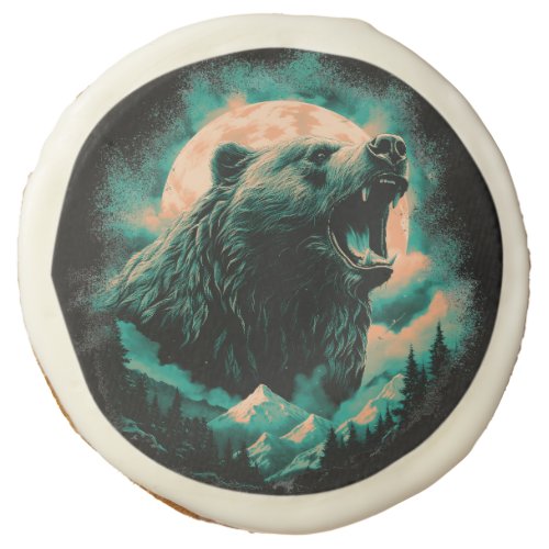 Roaring bear in mountains design sugar cookie