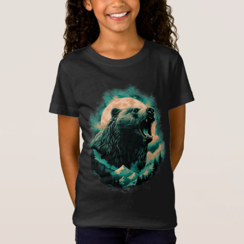 Roaring bear in mountains design T_Shirt