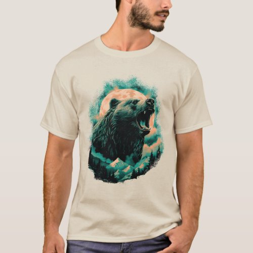 Roaring bear in mountains design T_Shirt