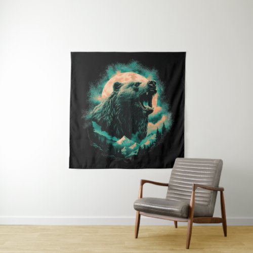 Roaring bear in mountains design tapestry