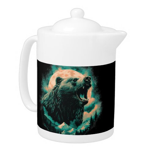 Roaring bear in mountains design teapot