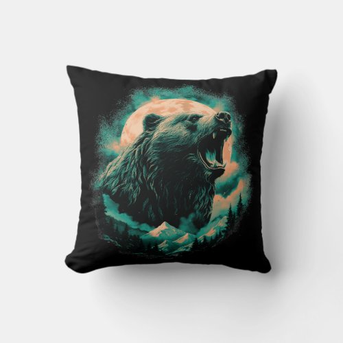 Roaring bear in mountains design throw pillow