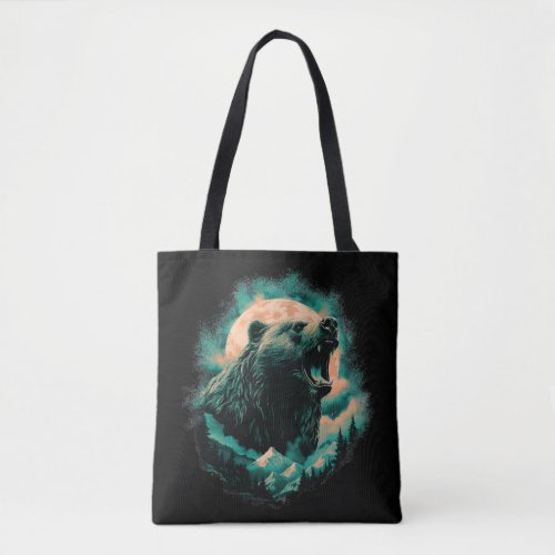 Roaring bear in mountains design tote bag