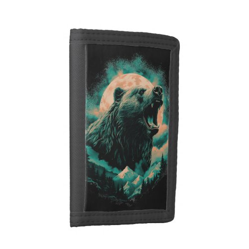 Roaring bear in mountains design trifold wallet