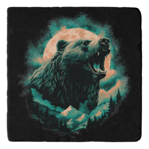 Roaring bear in mountains design trivet