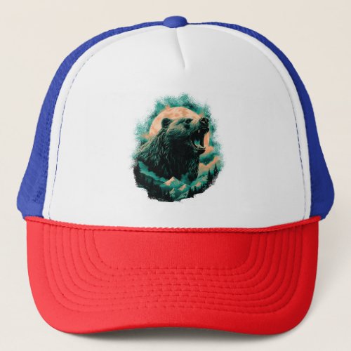 Roaring bear in mountains design trucker hat