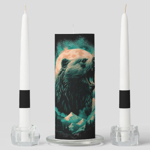 Roaring bear in mountains design unity candle set