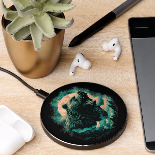 Roaring bear in mountains design wireless charger 