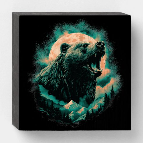 Roaring bear in mountains design wooden box sign