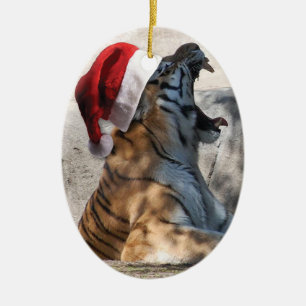 Roaring Bengal Tiger with Santa Hat Ceramic Ornament