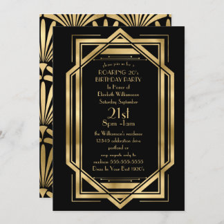 Roaring Black and Gold Art Deco Birthday Party Invitation