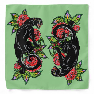 Roaring black panther and blooming roses bandana