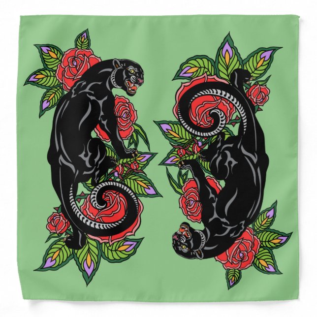 Roaring black panther and blooming roses bandana (Front)
