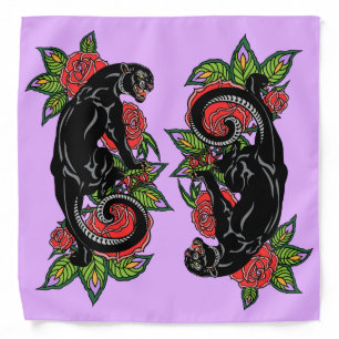 Roaring black panther and blooming roses bandana