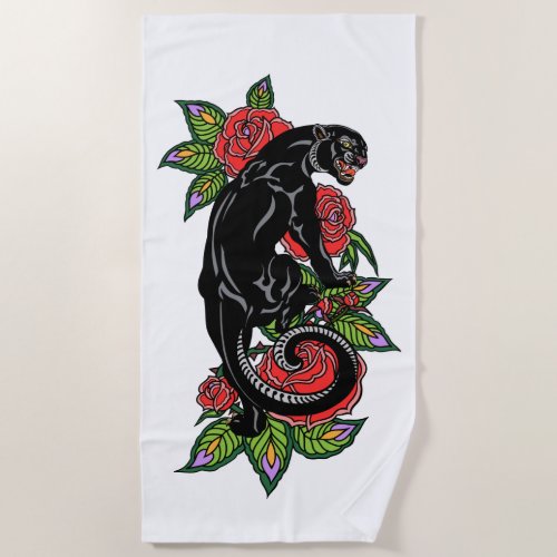 Roaring black panther and blooming roses beach tow beach towel