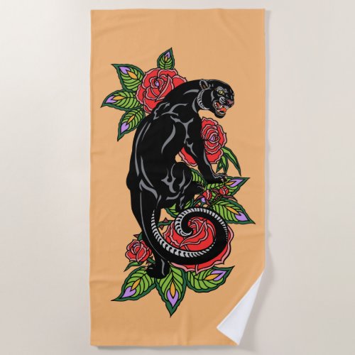 Roaring black panther and blooming roses beach towel