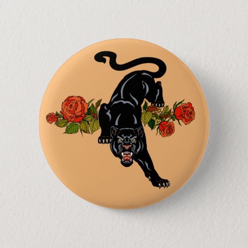 Roaring black panther and blooming roses button