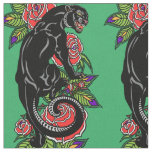 Roaring black panther and blooming roses fabric