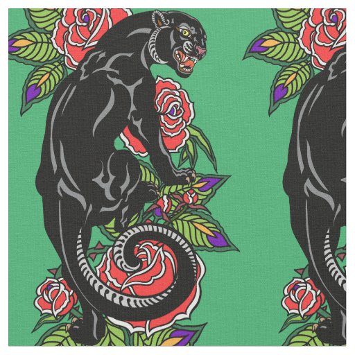 Roaring black panther and blooming roses fabric