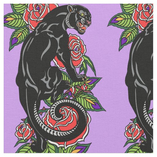 Roaring black panther and blooming roses fabric