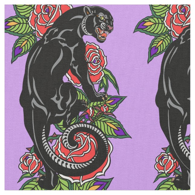 Roaring black panther and blooming roses fabric (Close Up)