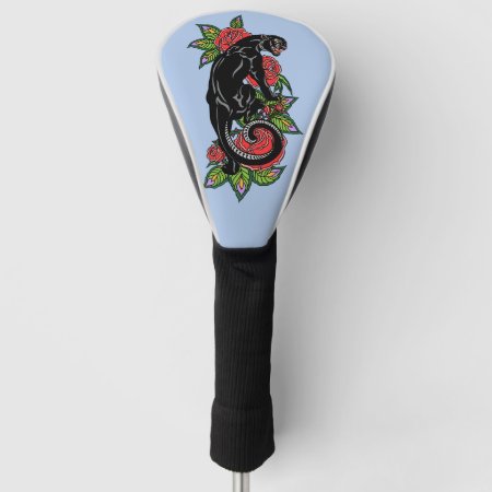 Roaring Black Panther And Blooming Roses Golf Head Cover