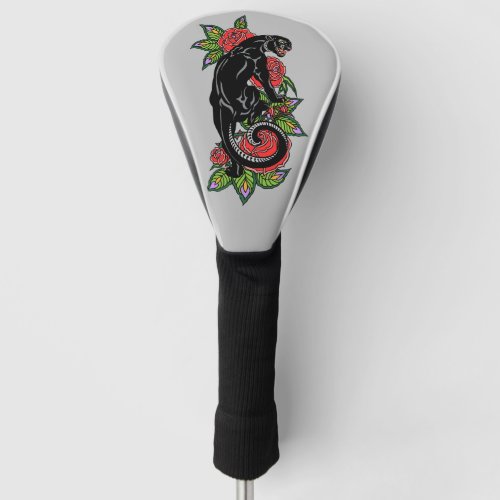Roaring black panther and blooming roses golf head golf head cover