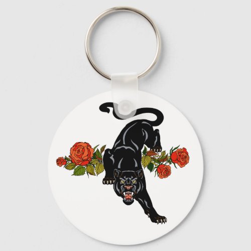 Roaring black panther and blooming roses keychain