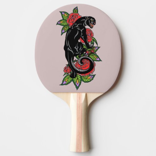Roaring black panther and blooming roses ping pong paddle