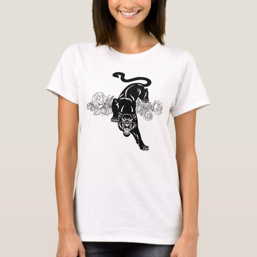 Roaring black panther and blooming roses T_Shirt