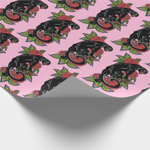 Roaring black panther and blooming roses wrapping paper