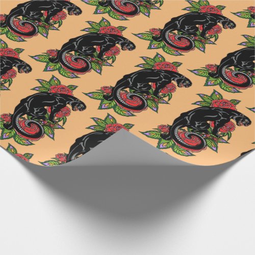 Roaring black panther and blooming roses wrapping  wrapping paper