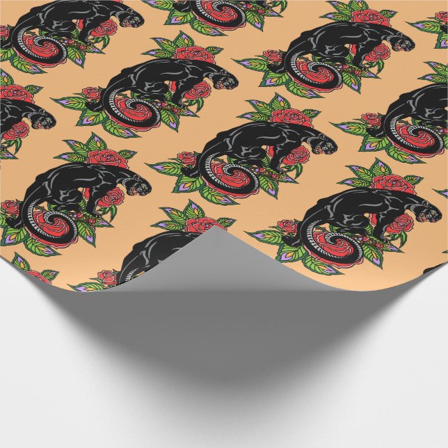 Roaring black panther and blooming roses wrapping  wrapping paper (Corner)
