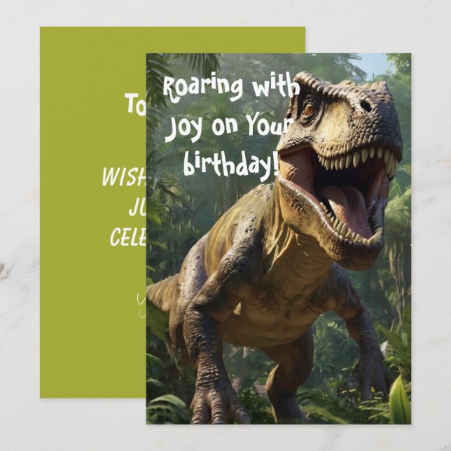 Roaring Dinosaur Birthday Green Greeting Card (Front/Back)