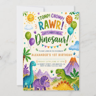 Roaring Dinosaur First Birthday Invite