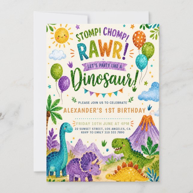 Roaring Dinosaur First Birthday Invite (Front)