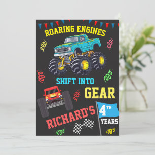Roaring Engines Kids Monster Truck Birthday Party Invitation