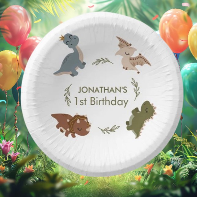 Roaring First Birthday Celebration Paper Plates (Transform your party with our stunning boho dinosaur theme paper plates! )