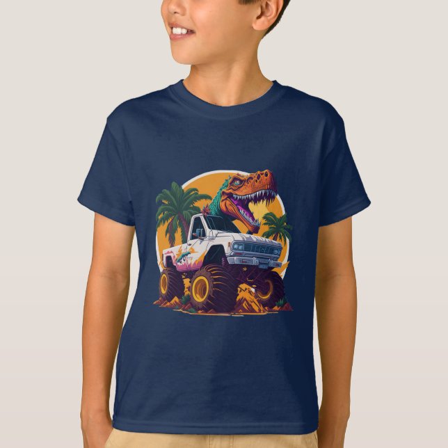 Roaring Fun T-Rex Riding Monster Truck Kids T-Shir T-Shirt (Front)