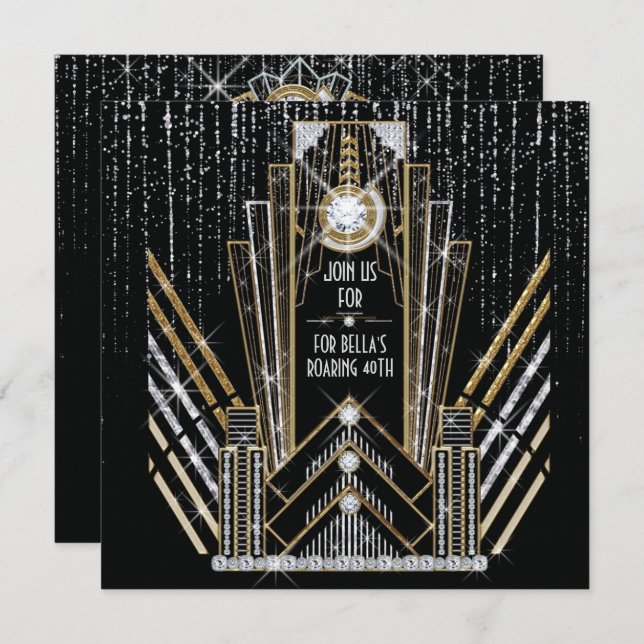 Roaring Gatsby Art Deco Bling Party Invitations (Front/Back)