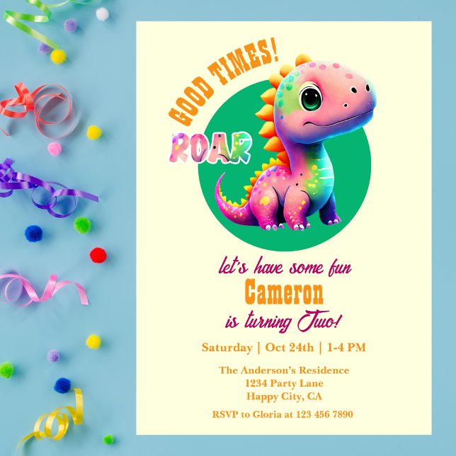 Roaring Good Times Dinosaur 2nd Birthday party Invitation (Creator Uploaded)