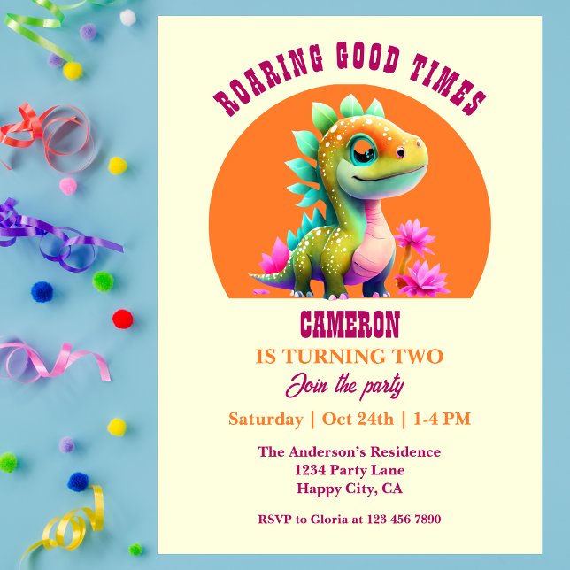 Roaring Good Times Dinosaur 2nd Birthday Party Invitation (Creator Uploaded)