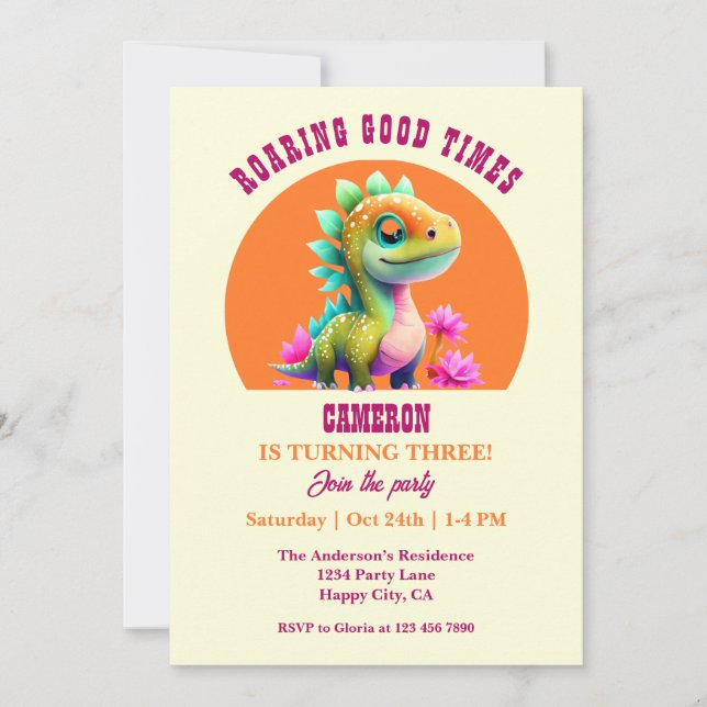 Roaring Good Times Dinosaur 3rd Birthday party Invitation (Front)